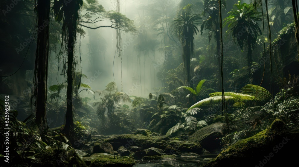 A foggy landscape in the jungle created with Generative AI