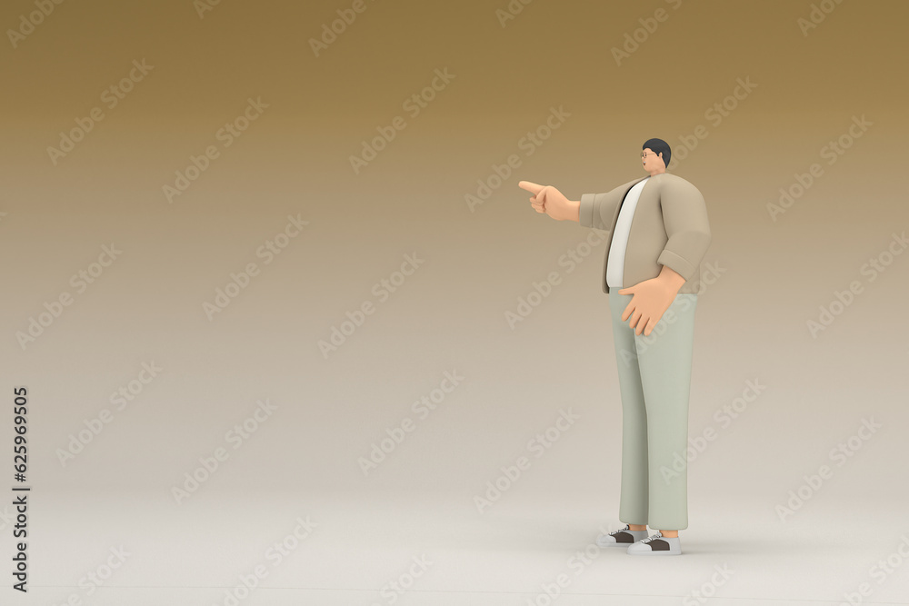 A man with glasses wearing brown cloth. He is expression of hand when talking. 3d rendering of cartoon character in acting. A man with glasses wearing brown cloth. He is expression of hand when talking. 3d rendering of cartoon character in acting.