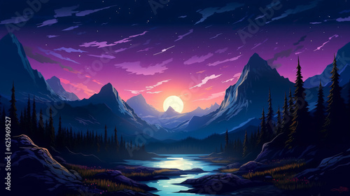 A Mountain Landscape With A Sunset And A River Made With Generative AI