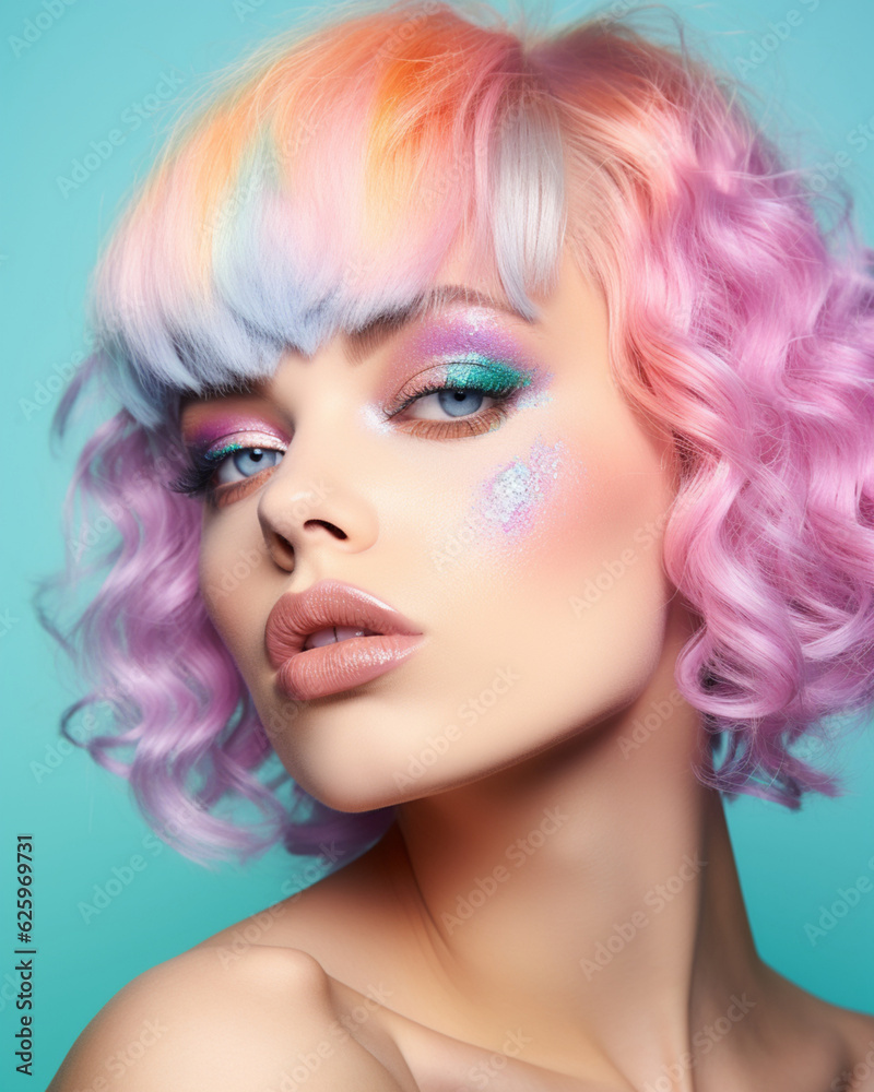 Portrait of a beautiful woman with rainbow hairs and a fancy glitter color makeup