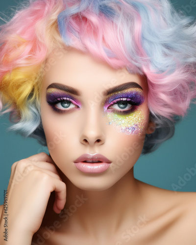 Portrait of a beautiful woman with rainbow hairs and a fancy glitter color makeup