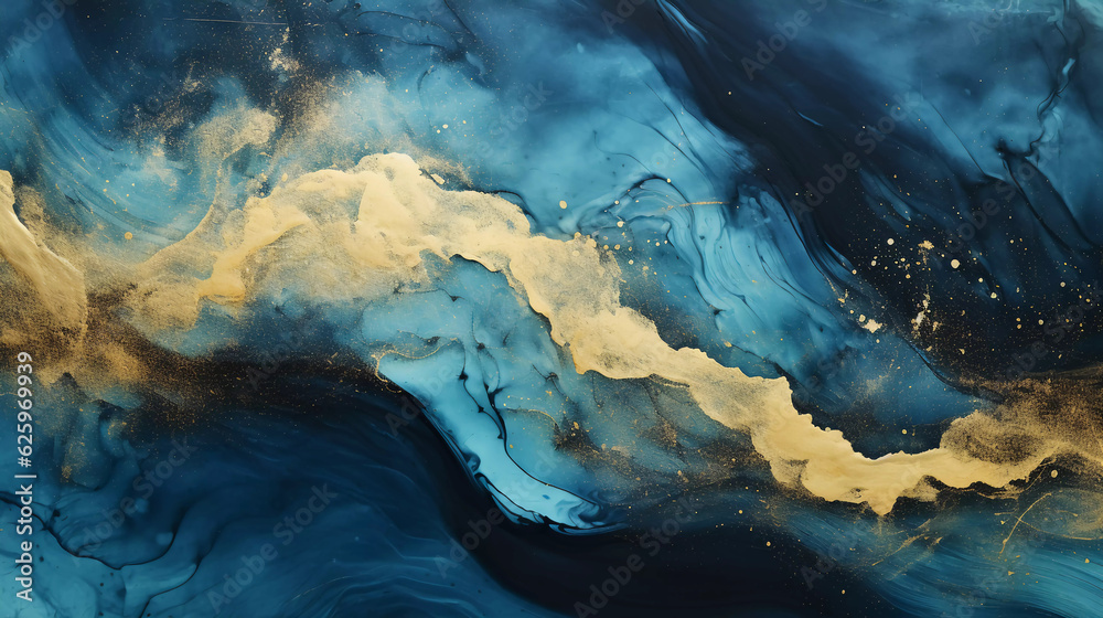 Luxury wallpaper. Blue marble and gold abstract background texture, Watercolor abstract background, 3D painted artificial marbled surface, Generated AI.
