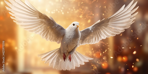 Peaceful Flight: White Dove Soaring Amidst Sparkling Lights, Symbolizing Peace, Freedom, and Love AI generated