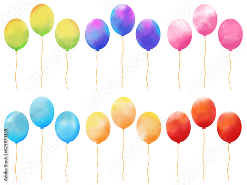 Hand drawn colorful balloons with watercolor. Illustration of birthday or party decoration, flying balloon with rope