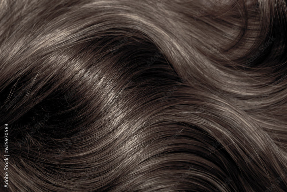 Brown hair close-up as a background. Women's long brown hair. Beautifully styled wavy shiny curls. Hair coloring. Hairdressing procedures, extension. Brown hair close-up as a background. Women's long brown hair. Beautifully styled wavy shiny curls. Hair coloring. Hairdressing procedures, extension.