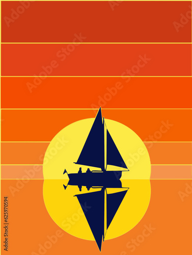 A sailboat and two passengers are seen in front of a colorful graphic sunset design in an illustration about vacation and travel and boating.
