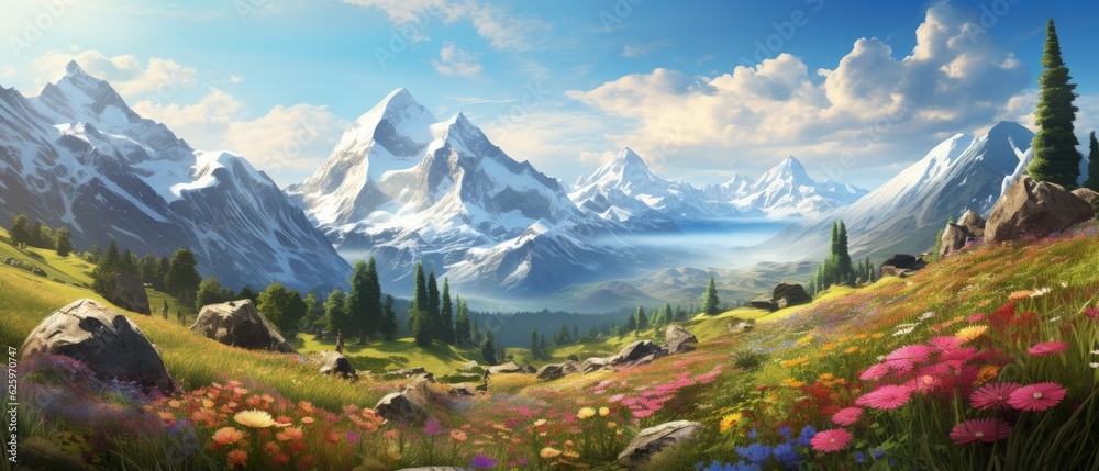 3D illustration Alpine meadows in bloom under a bright, sunny sky. A riot of colorful wildflowers sweeping towards the towering mountain range ai generate