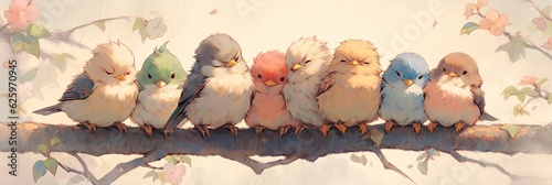 Stampa su tela Cute flock of colorful birds on the tree branch. Generative AI