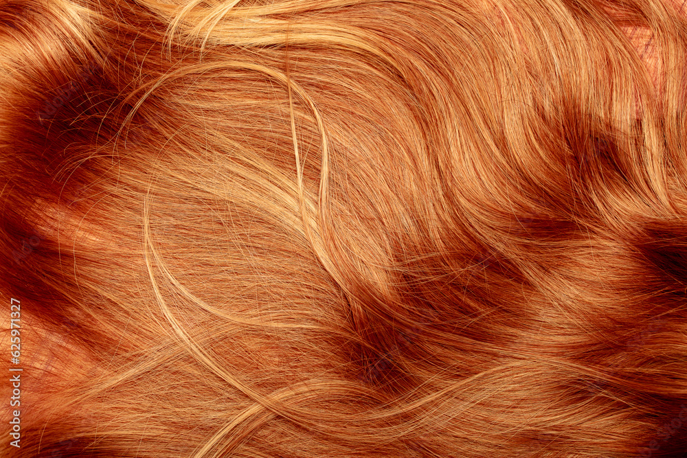 Fototapeta premium Red hair close-up as a background. Women's long orange hair. Beautifully styled wavy shiny curls. Hair coloring bright shades. Hairdressing procedures, extension.