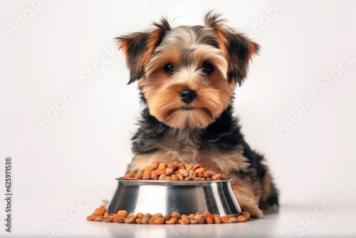 Fotografie, Tablou A dog lying next to the bowl with dog dry food on white background, kibble formula, looking to the camera and begging for food
