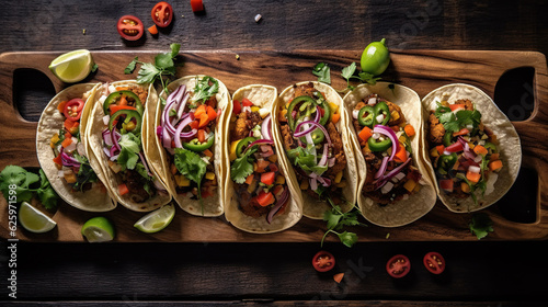The wooden board showcases a mouthwatering display of vegan tacos, inviting you to savor their wholesome goodness. photo