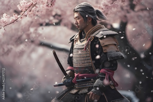Japanese samurai with sword and katana on the background of cherry blossoms. Generative AI.