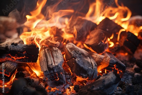 Background of charcoal for barbecue with flames. Generative AI