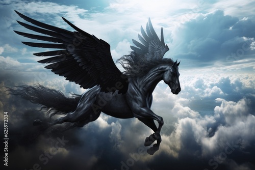Majestic black horse with wings flying in the sky. Generative AI