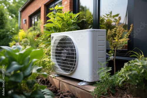 Air source heat pump installed in residential building. Generative AI © Lubos Chlubny