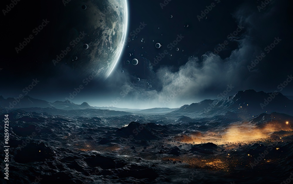 View from an alien planet with its own natural satellite planet in the background. Sci-fi concept, fantasy.