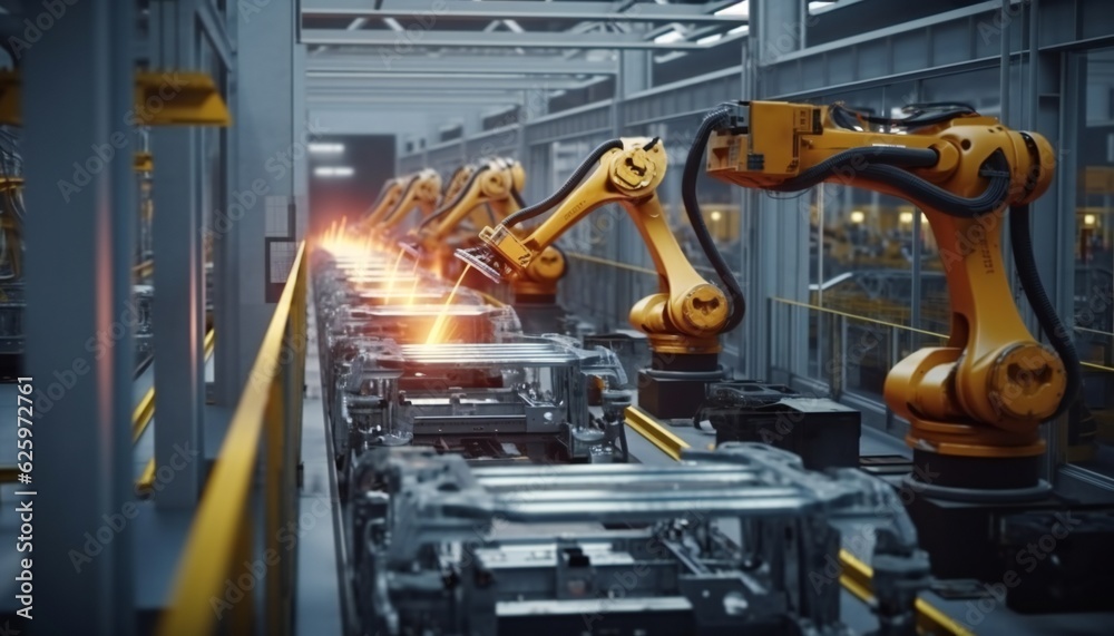 Naklejka premium Automated robot arm assembly line manufacturing