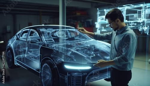 Automotive Engineer Use Virtual Reality Headset for creating new car design