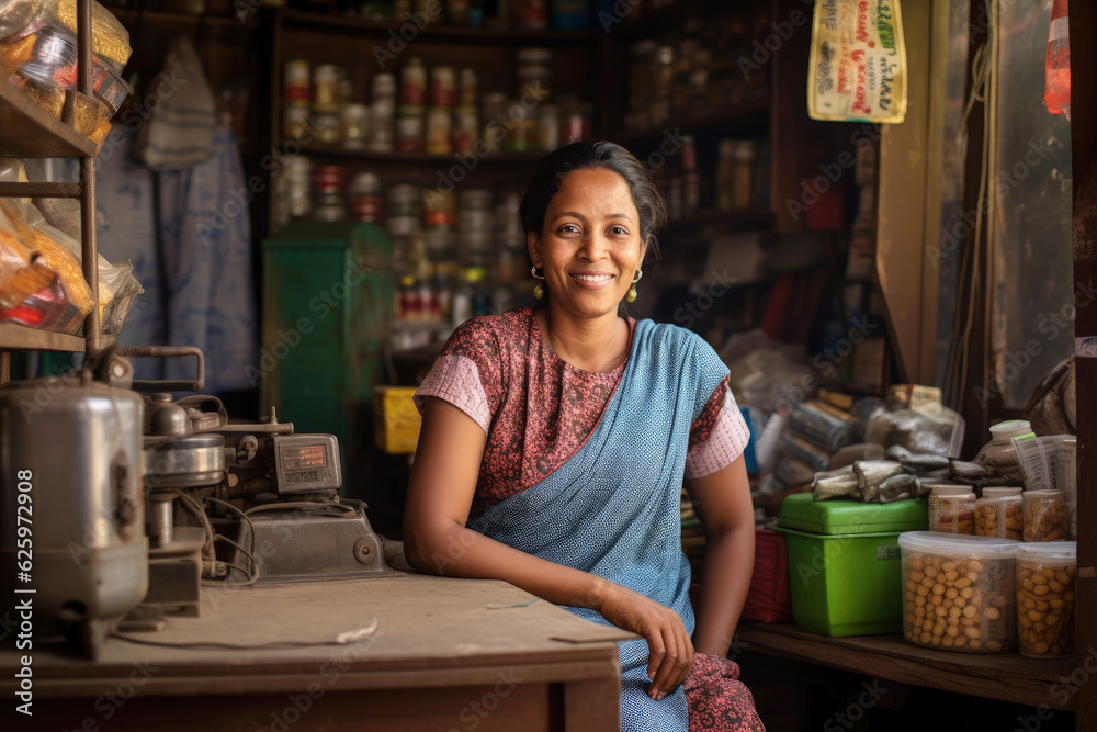 indian woman as shopkeeper in her small corner shop - obrazy, fototapety, plakaty 
