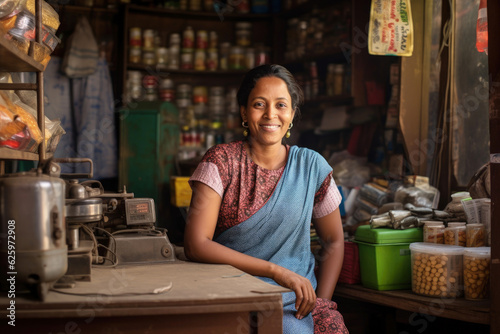 indian woman as shopkeeper in her small corner shop