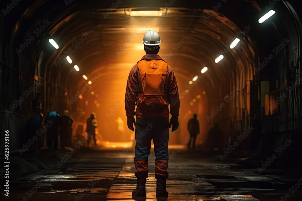 A Team of Workers wearing safety gear work underground together in the construction of a subway tunnel. Construction teamwork concept.Generative Ai