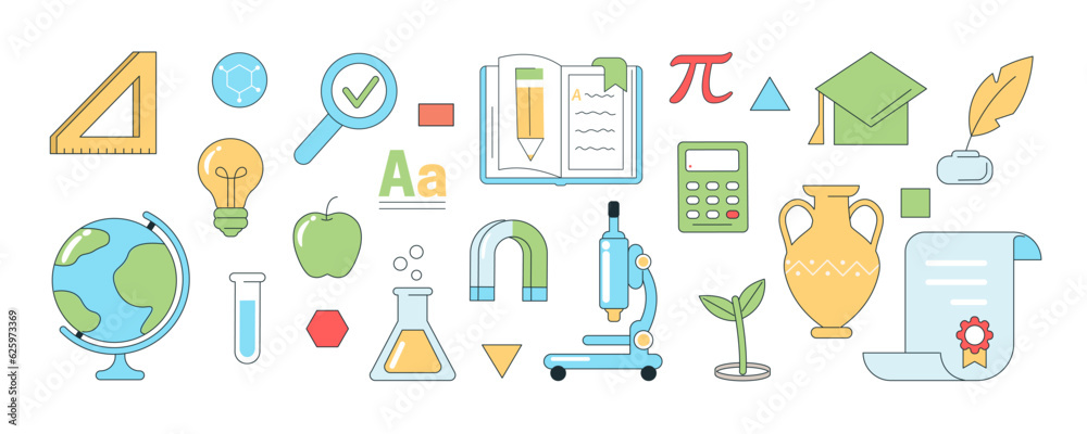 Back to school and education outline illustrations set. Collections of school supplies, globe, pen, book and other items. Vector illustration.