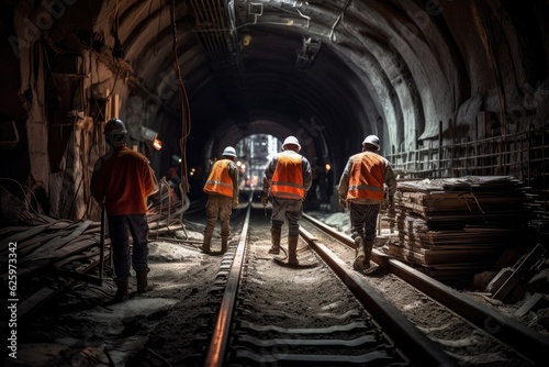 A Team of Construction workers wearing safety gear working underground in the joint subway tunnel construction teamwork concept. Generative Ai