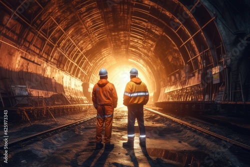 Architect and Engineer wearing safety underground construction supervisor checking the transport pipe tunnel boring machine for the subway. Construction teamwork concept. Generative Ai