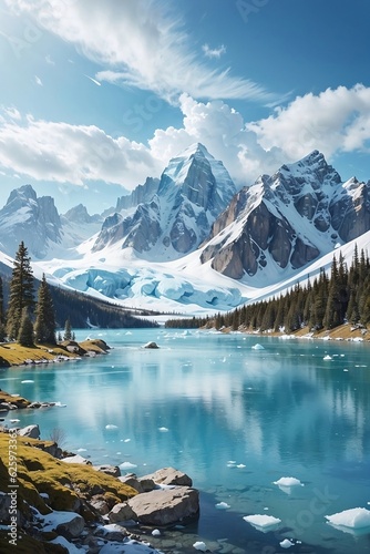 Discover nature's frozen symphony in this captivating stock photo. Majestic snow-covered mountains soar above a vast glacial lake, reflecting the serene blue sky and glistening sunlight.
