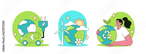 Sustainability and ecology illustration. Collections of renewable energy, natural recycled recourses and electric sustainable vehicle concepts. Vector illustrations set.