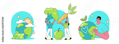 Sustainability and ecology concept illustration. Collections of characters trying to save planet earth, following vegan diet and using renewable energy resources. Vector illustrations set.
