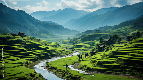 The lush terraced rice fields on the mountainside are not only an agricultural marvel but also a cultural heritage, showcasing rural tranquility. photo