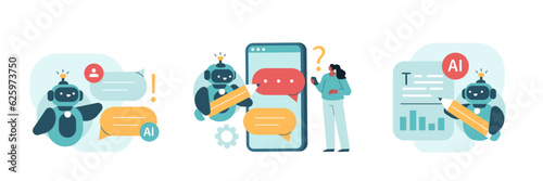 Artificial intelligence illustrations set. Collections of scenes with character communicating to AI chat bot. Neural network technology concept. Vector illustration.