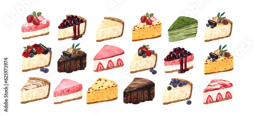 Watercolor set dessert, colorful sweet cakes slices pieces of cheesecake with fresh berries. Hand-drawn illustration isolated on white background.Perfect food menu, food drawing, design packing, print
