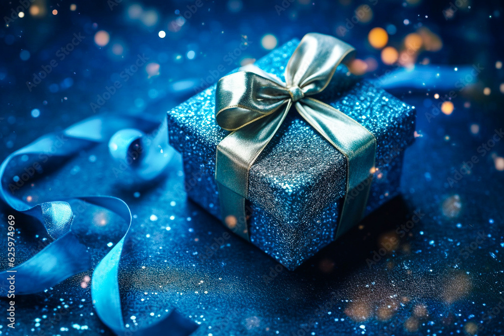 Boite cadeau bleue avec ruban - Cadeau de Noël - Générative IA Boite cadeau bleue avec ruban - Cadeau de Noël - Générative IA