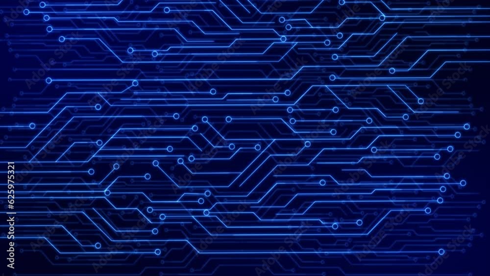 4k 3d Circuit Board with moving electrons Data Flow Loop Background Animation. Artificial Intelligence. Visualization Machine Learning, Computer Technology, Science. cyber and futuristic concept.