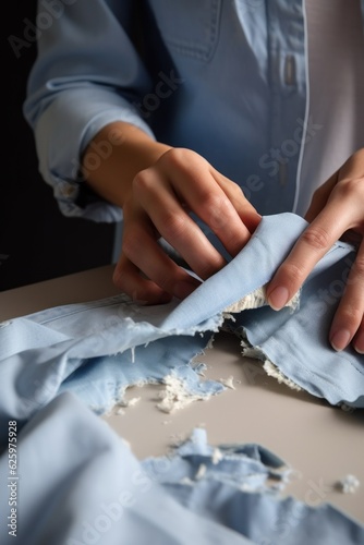 Stoff Recycling in Nahaufnahme. Hände die Stoffe reparieren. Textil Reparatur