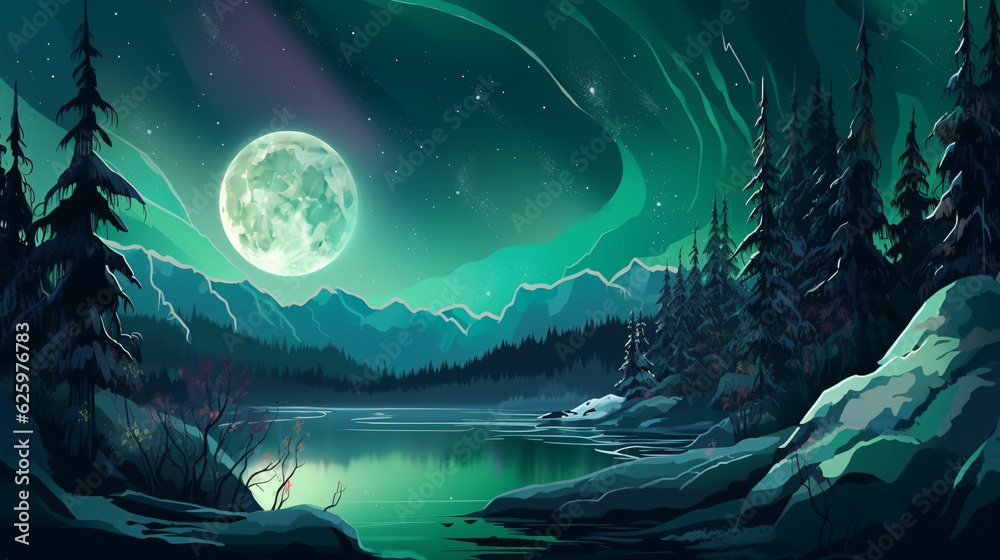 Obraz premium A Night Scene With Full Moon And Mountains In The Background Made With Generative AI