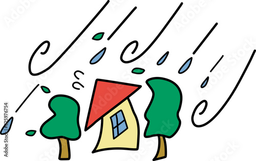 台風の雨と強風にあおられる家と木々のシンプルなイラスト