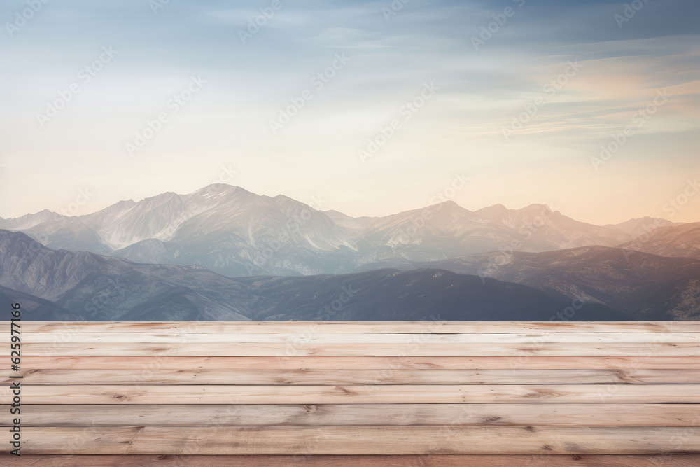 Empty Rustic Wooden Table Against Landscape With Mountains In Pastel Colors. Mockup With Space For Your Product. Generative AI