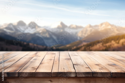 Empty Rustic Wooden Table On The Background Of Defocused Mountains In Pastel Colors. Mock Up With Space For Your Product. Generative AI photo