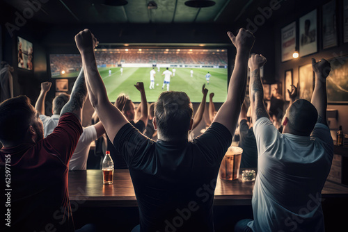 Fans Watching Soccer At Bar, Rear View. Goal. Generative AI