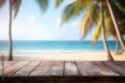 Empty Rustic Wooden Table On The Background Of Defocused Beach With Palm Leaves. Mock Up With Space For Your Product. Generative AI