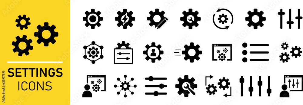 Settings, icons collection. Containing options, configuration, preferences, adjustments, operation, gear, control panel, equalizer, management, optimization and productivity icons.