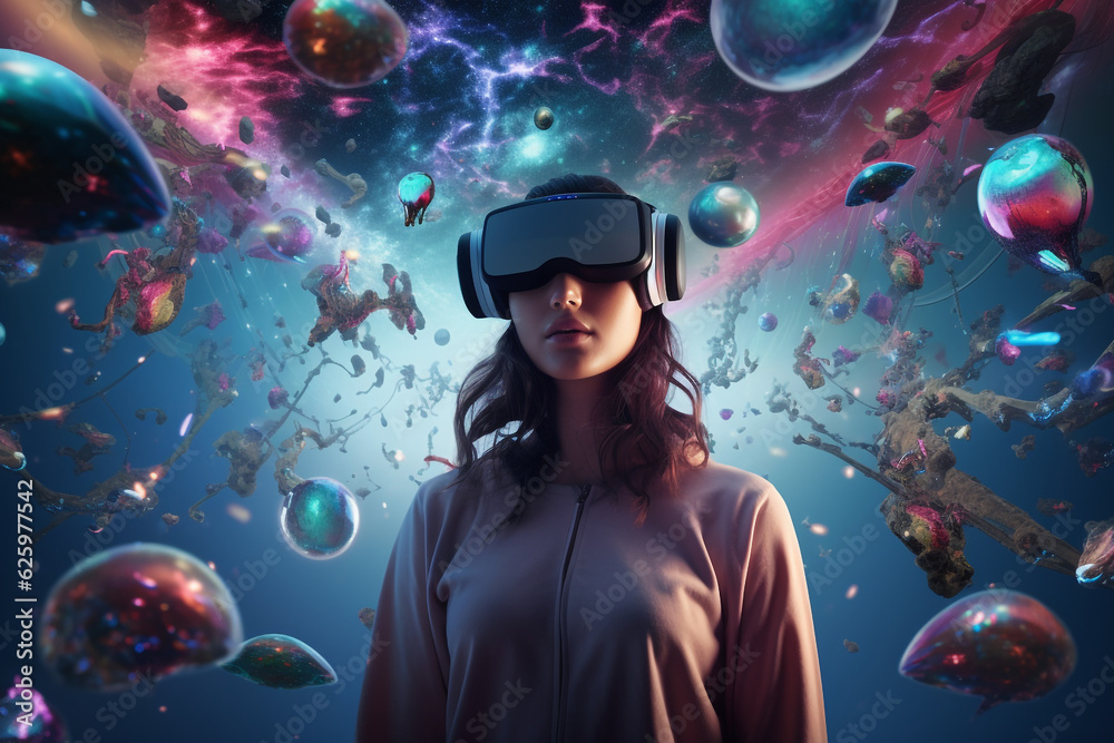 Young creative female using VR glasses. Fantasy world. High quality photo Young creative female using VR glasses. Fantasy world. High quality photo