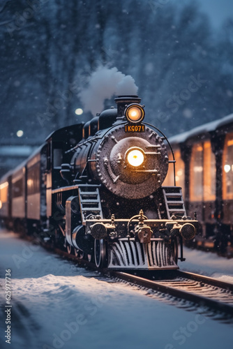 Snowy Arrival Vintage Steam Locomotive Enters Snow-Covered Station with Falling Snowflakes AI generated