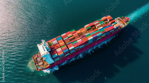 AI Generated. Aerial top view of cargo maritime ship with contrail in the ocean ship carrying container and running for export concept technology freight shipping by ship