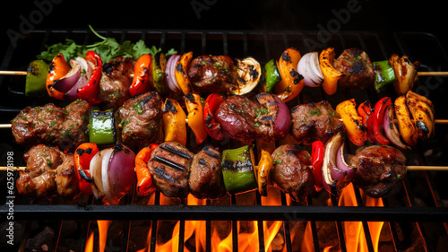 AI Generated. Beef and vegetable skewers with a variety of grilled..