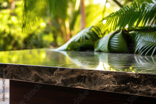 Stone Countertop Against Background Of Unfocused Tropical Leaves. Mockup With Space For Your Product. Generative AI photo