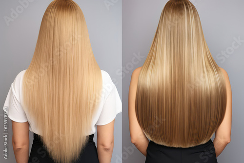 Hair Treatment Or Hair Extensions. Woman With Long Blonde Hair, Back View, Before And After Salon Treatment. Generative AI